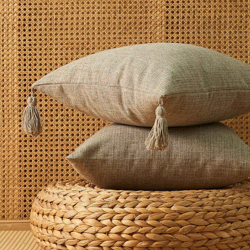 Japanese Solid Color Cotton Linen Tassel Pillowcase
